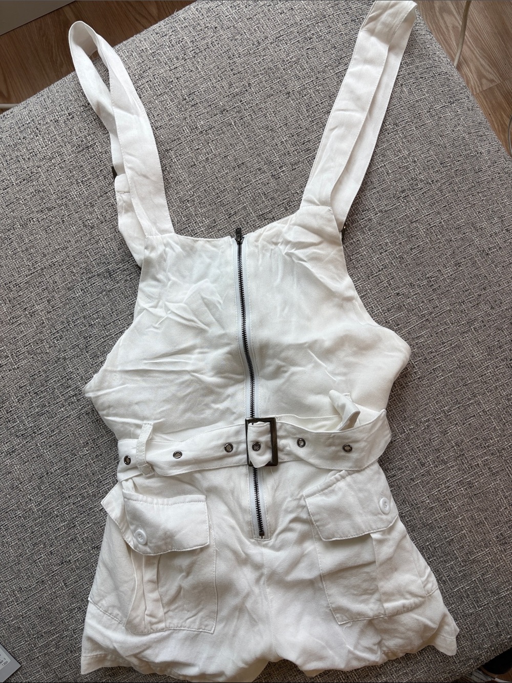 CARMAR White Denim Overall Romper with Front Zip & Belt